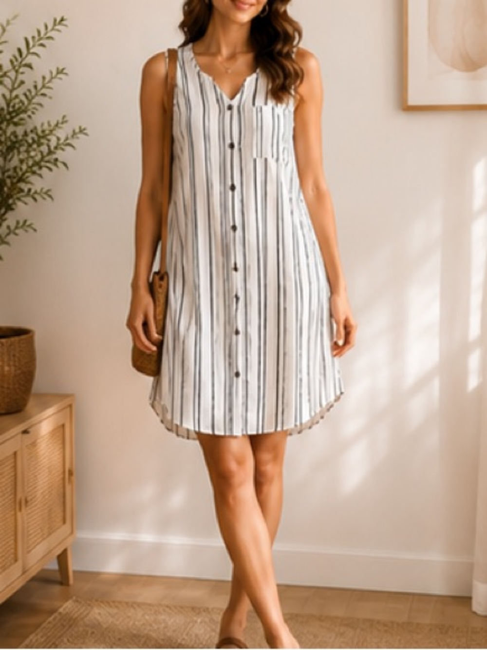 White & Black Striped Button down dress